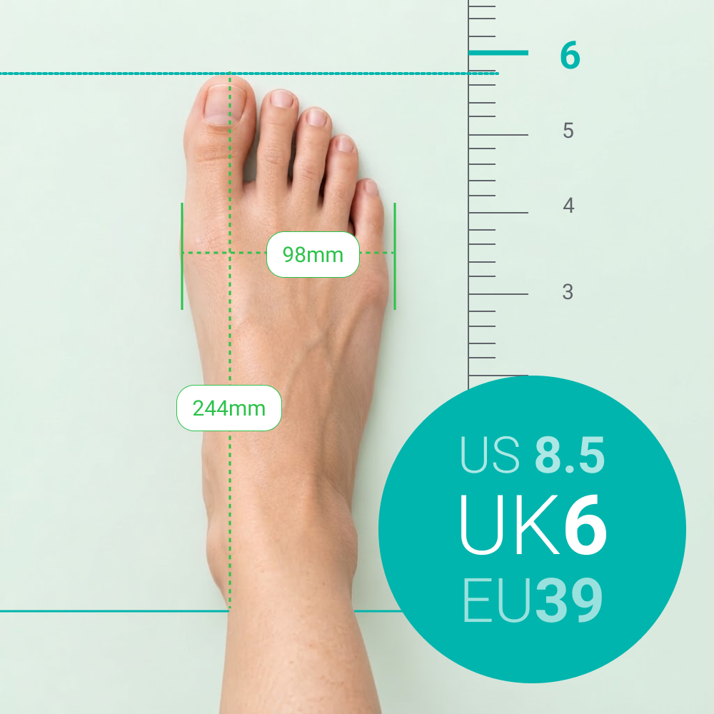 Foot measurement graphic showing a 244 millimetre length, 98 millimetre width, and UK size 6 recommendation.