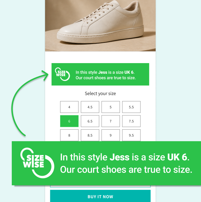 SizeWise product-page widget recommending UK size 6 for Jess, with size selection and shopping buttons.