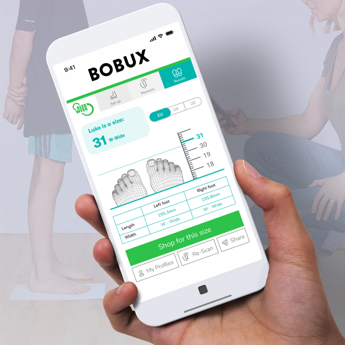 Bobux size recommendation and foot measurements displayed on a phone using SizeWise