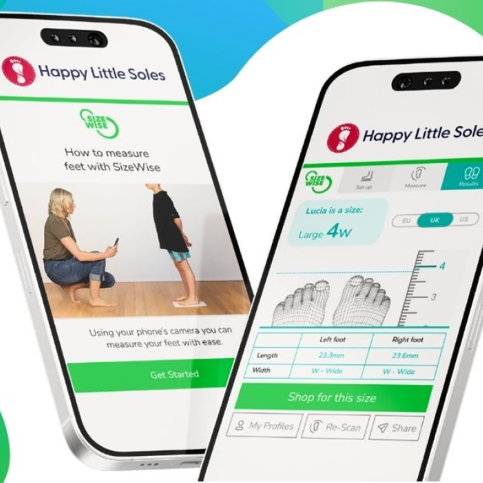 Happy Little Soles foot measuring instructions and size recommendations displayed on phones using SizeWise
